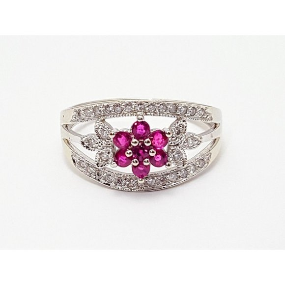 Unique 14K Karat Solid White Gold Designer Ruby & Diamond Ladies Ring Size 9.75